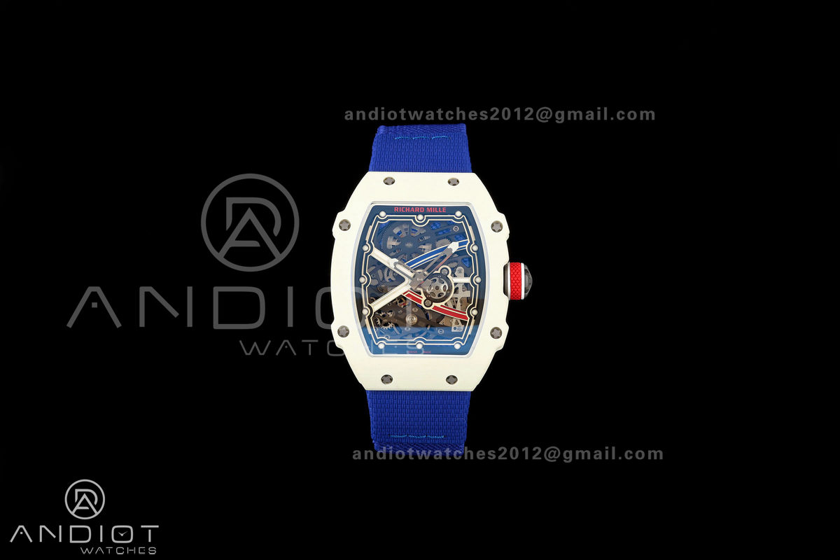 AVF RM67-02 Warm White NTPT Red/Blue/White Skeleton Dial on Blue Elastic Strap CRMA7 Clone V3